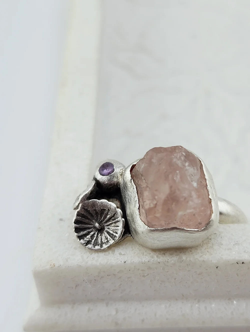 ROSE QUARTZ & AMETHYST FLOWER RING HANDMADE IN STERLING SILVER 7.5
